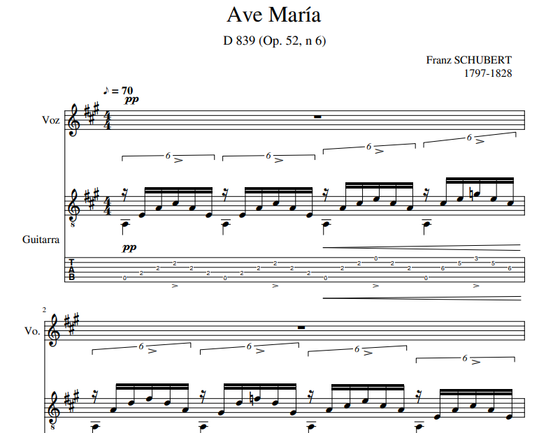 Ave María D 839 Op. 52, No.6 for Vocal and guitar tab